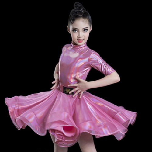 Girls white pink gold laser glitter latin dance dresses competition modern ballroom latin dance costumes for kids 